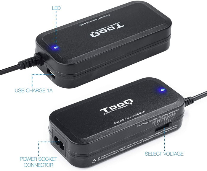 TOOQ Cargador Universal para Portátil 90W con 12 Conectores y USB TOOQ Cargador Universal para Portátil 90W con 12 Conectores y USB